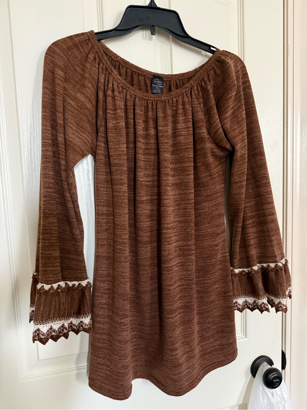 WinWin Brown Off-Shoulder Knit Sweater with Lace-Trim Bell Sleeves